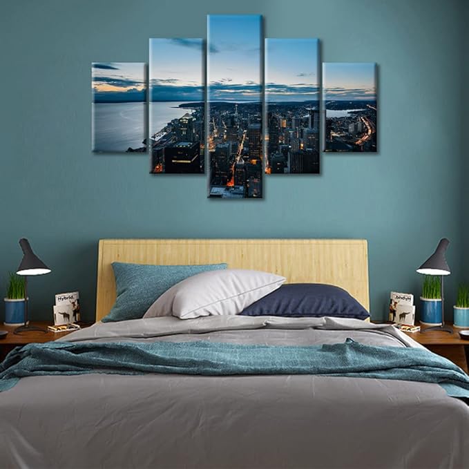 5 Panel Washington America Skyline Home Decor Posters and Prints Seattle Skyscraper Cityscape Canvas Wall Art for Living Room Wall Decor Giclee Wooden Framed Gallery-Wrapped Ready to Hang (60"Wx40"H)
