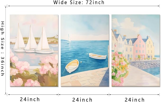 Coastal Lighthouse Canvas Ocean and Pink Roses Seaside Floral Wall Art Beach Landscape Printing Nautical Home Decor Canvas Small Boat Floating Print Framed - 24x36inchx3Pcs