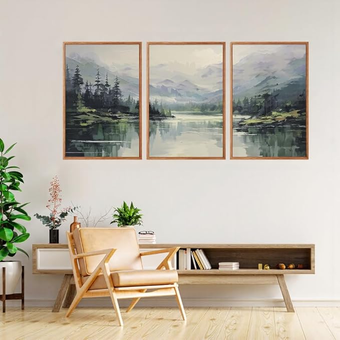 Aurlan Green Pine Trees Forest Landscape Framed Wall Art(16"x24"), 3PCS Abstract Mountain Lake Canvas Artwork, Large Watercolor Modern Nature Scenery Decor for Office Home