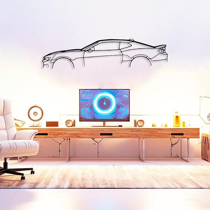 Camaro Silhouette Metal Car Wall Art, Sports Car, Automotive Silhouette Line Decoration, Minimalist Sculpture for Garage, Man Cave, Indoor Outdoor Wall Hanging, Gift for Boyfriend (Black-15x3.6”inch)