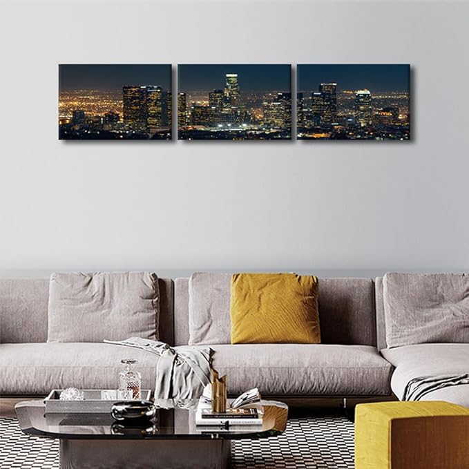 City Skyline Wall Art Cityscape Paintings Modern Decor Los Skyscrapers Night Scene Picture on Canvas for Home Decor Skyline at Dusk Landscape of City Night View Artwork for Living Room 12x48 Inch