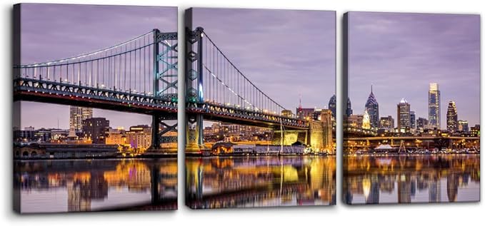 Pacimo Canvas Wall Art Ben Franklin Bridge Skyline Modern Home Decor Philadelphia Cityscape Picture Prints Modern Artwork for Wall Decor Stretch and Framed Ready to Hang - 12"x16"x3 Panels