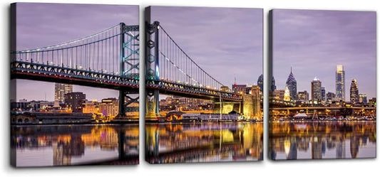 Pacimo Canvas Wall Art Ben Franklin Bridge Skyline Modern Home Decor Philadelphia Cityscape Picture Prints Modern Artwork for Wall Decor Stretch and Framed Ready to Hang - 12"x16"x3 Panels