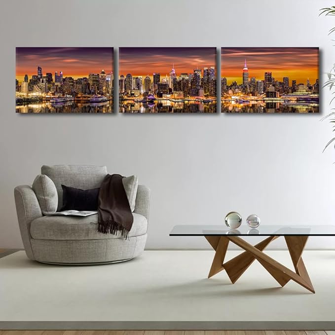 Canvas Wall Art for Living Room New York City Panorama Modern Home Decor Cityscape Sunrise View HD Printed Posters for Bedroom Office Wall Art Painting Bathroom Pictures Ready to Hang 16x72 Inch
