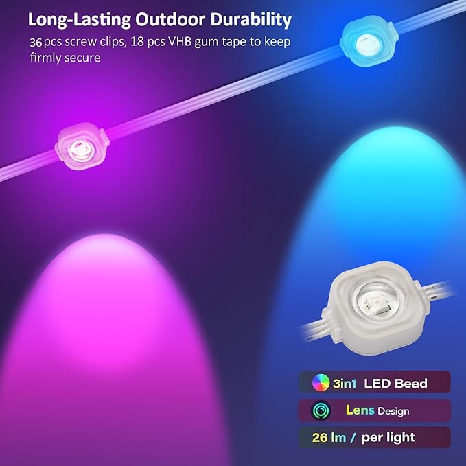 Outdoor Christmas Lights - 50ft Smart RGB+IC Color Eaves Lights with 63 Scene, IP67 Waterproof, Alexa & Google Assistant Voice Control