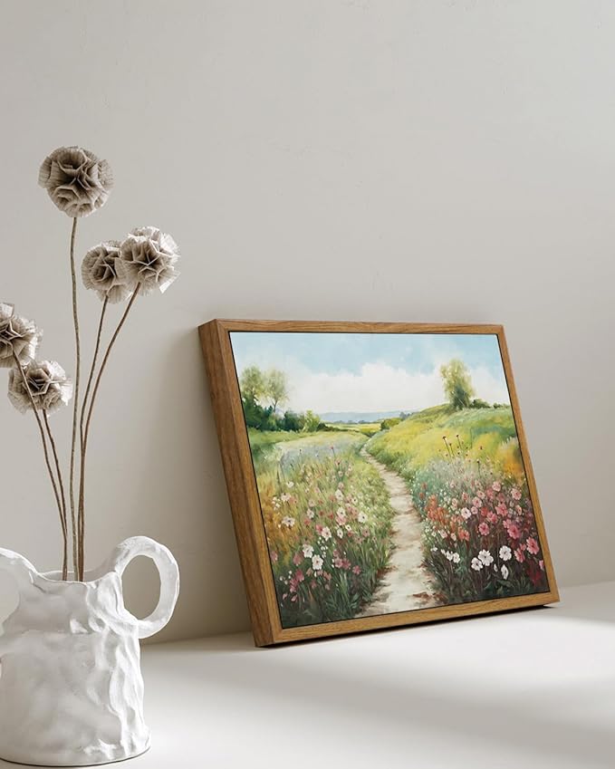 KISSFOX Vintage Framed Wall Art Decor Modern Farmhouse Spring Landscape Pictures Paintings Wall Decor Rustic Wildflower Canvas Art Prints Nature Countryside Artwork For Bedroom Kitchen Living Room