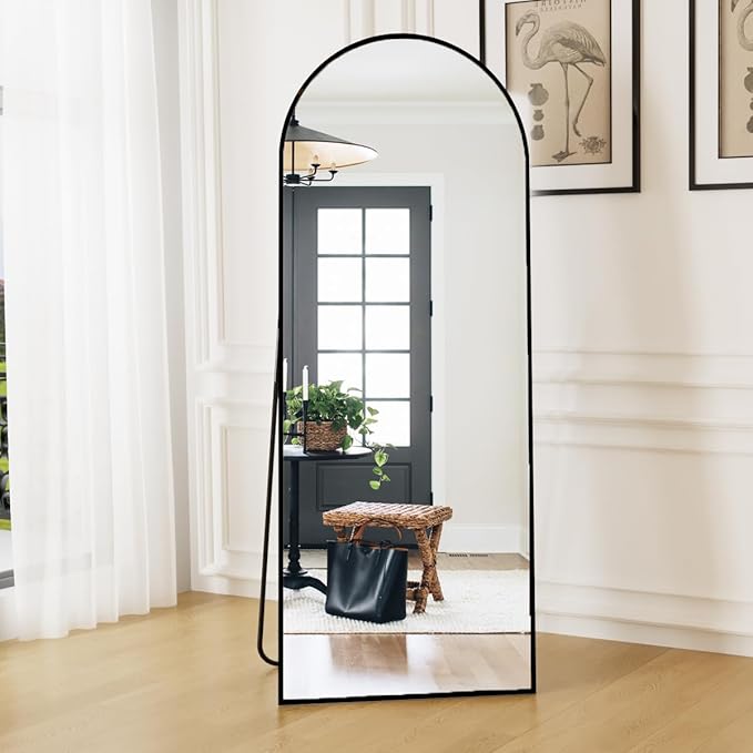 Arched Full Length Mirror, 64"x21" Large Floor Mirrors with Stand, Full Body Mirror for Leaning Hanging, Standing Mirrors for Bedroom, Living Room,Dressing Room, Aluminum Alloy Frame, Black
