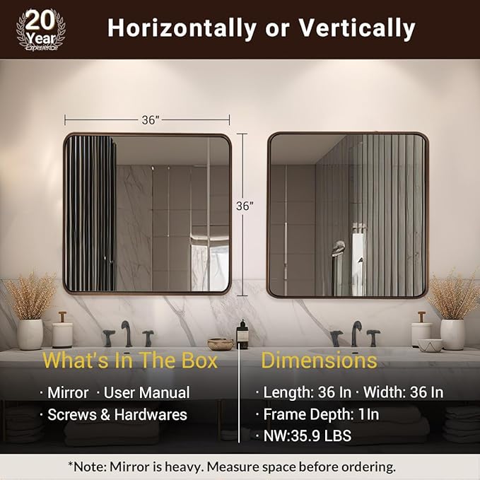 ANDY STAR 36x36 Inch Bronze Bathroom Mirror, Rounded Square Oil Rubbed Bronze Mirrors for Bathroom,Tube Metal Framed, 1’’ Deep Wall Mounted Vertically/Horizontal