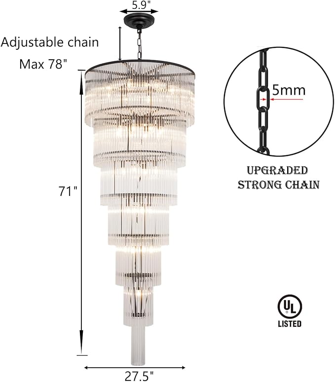 Large Black Chandeliers H71 Modern High Ceiling Chandelier 7-Tier Glass Chandelier Foyer Entryway Ceiling Light Fixture for Staircase Grand Living Room Entry Extra Long