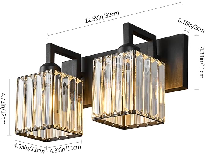 Modern Bathroom Vanity Light 2-Lights Black Crystal Bathroom Wall Light Vanity Light Fixtures