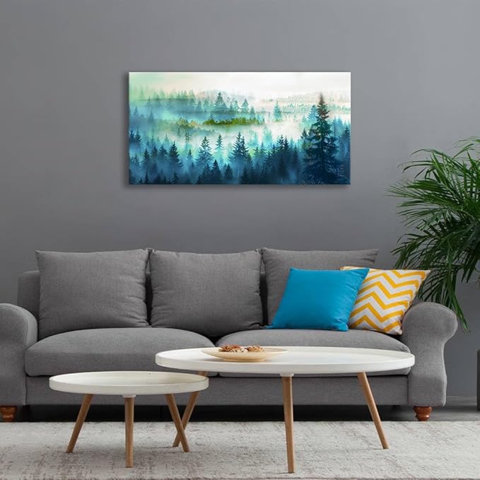 BYXART Canvas Wall Art for Living Room Misty Forest Foggy Mountain Landscape Artwork Nature Picture Bathroom Decor Smoky Scenery Painting Artwork For Bedroom Home Office Decoration 40L x 20W