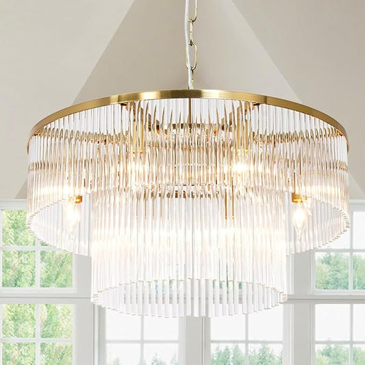 Modern Chandeliers Brass Glass Chandelier Lighting 8 Lights Round Dining Chandelier Light Fixture Ceiling Entryway Bedroom Kitchen Foyer 23.6"