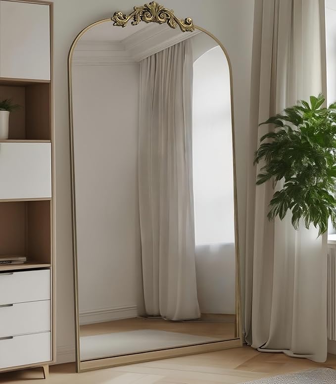 Arched Full Length Mirror, 71"x32" Full Body Mirrors with Carved, Floor Mirror for HomeDecor, Standing/Halling Large Wall Mirror for Bedroom, Living Room, Cloakroom, Bronze, Retro Style