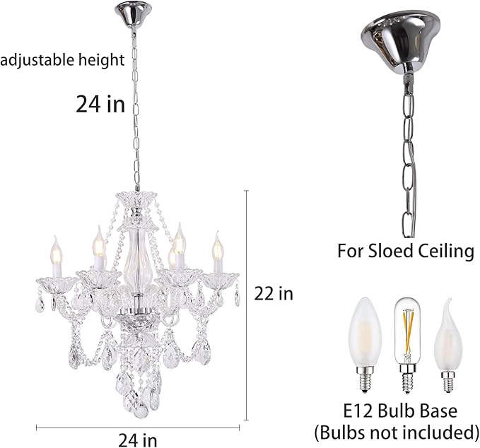 Modern Crystal Chandelier with 6 E12 Sockets, Adjustable Chain, Elegant K9 Crystal Lighting Fixture for Living Dining Room, Foyer