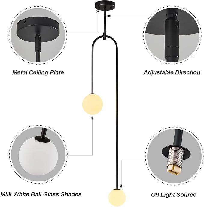 Modern Milk Glass Pendant Light 2 Light Mid Century Chandelier Small Glass Globe Black Pendant Lights for Kitchen Island Bedroom Dining (Metal Tube Removable, 1 Pack)