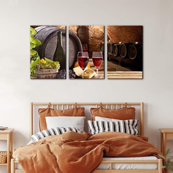 Kitchen Wall Art Red Wine Cellar Pictures Wooden Barrel and Fruit Grape Painting for Living Room 3 Panel Canvas Artwork House Modern Decor Giclee Posters Prints Framed Ready to Hang - 16 x 24 inch x 3