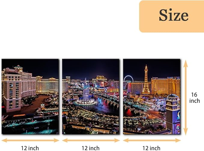 Pacimo Cityscape Canvas Print Wall Art, Las Vegas Strip Night Scene Canvas Art Painting for Living Room Bedroom Office Wall Decor Home Decoration Stretch and Framed Ready to Hang - 12"x16"x3 Panels
