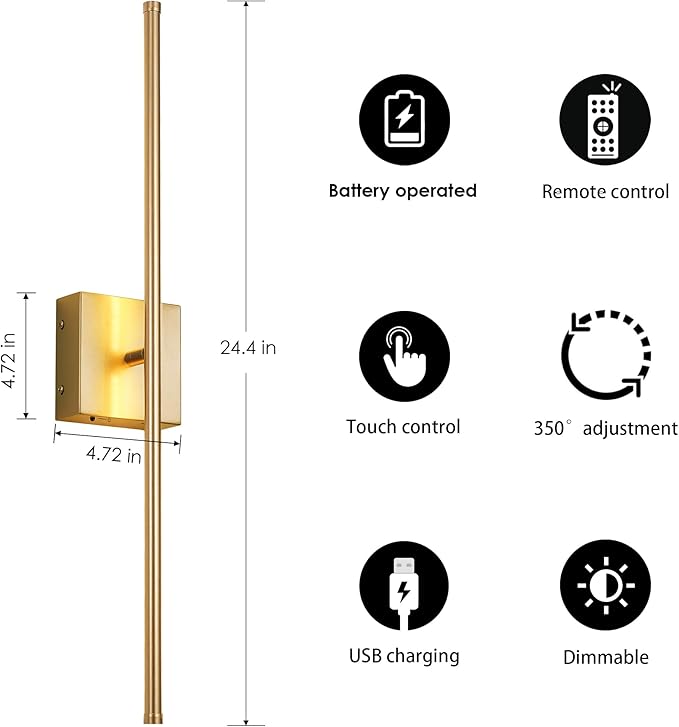 Battery Operated Wall Sconces with Remote Control, Dimmable Wall Sconces Set of Two, 350°Rotate, 3000K LED Gold Wireless Wall Light for Living Room, Hallway, Bedroom, 24.4 Inch (2 Pack)