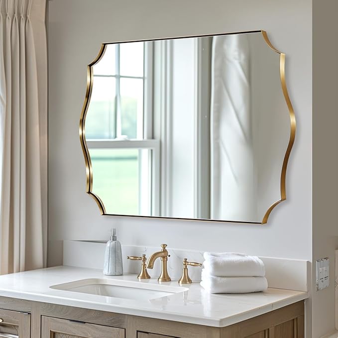 ANDY STAR Bathroom Mirror, 28x36 Inch Brushed Gold Vanity Mirror, Stainless Steel Metal Frame with Sophisticated Curved Design, Anti-Rust, Ideal for Bathroom, Living Room, Bedroom