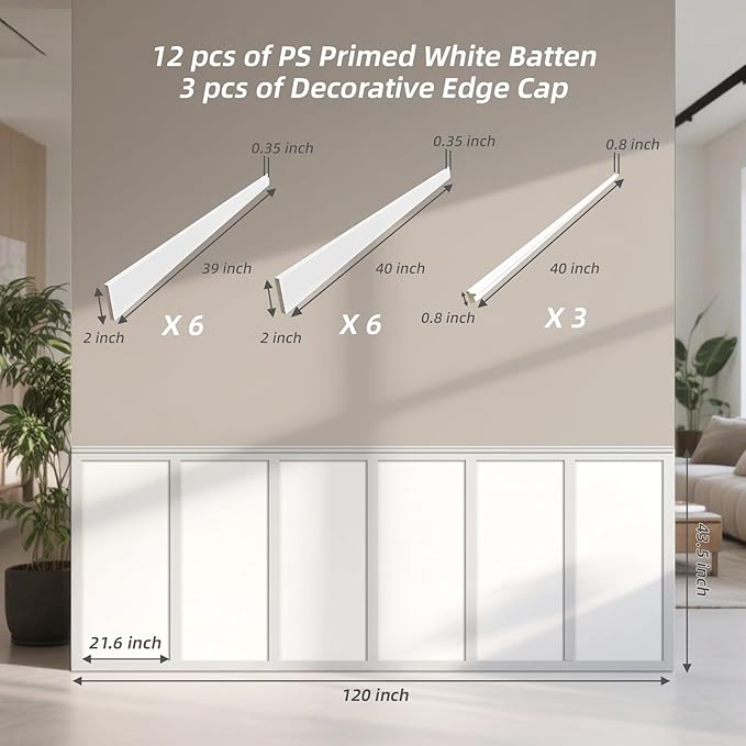Art3dwallpanels White Primed Wainscoting Kit Premade Board and Batten Paintable Molding Trim Covers 120 x 43.5 Inch Accent Wall Panel for Kitchen Bedroom Living Room Home Decor with Edge Strip