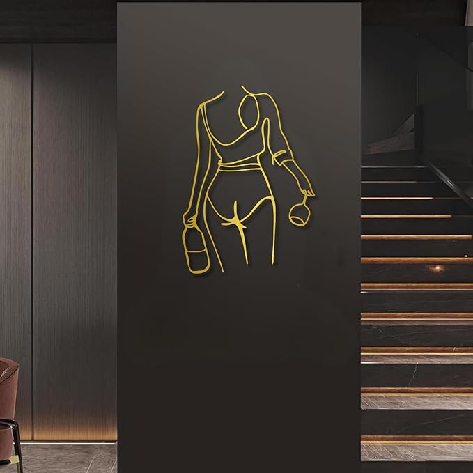 Metal Wall Art Woman Drinking Wine, Modern Minimalist Abstract Line Sculpture, Feminine Wall Decor for Living Room, Dining Room, Bar, Kitchen, Perfect Wine Lover Birthday Housewarming Gift – Gold 23.6"x16.9"