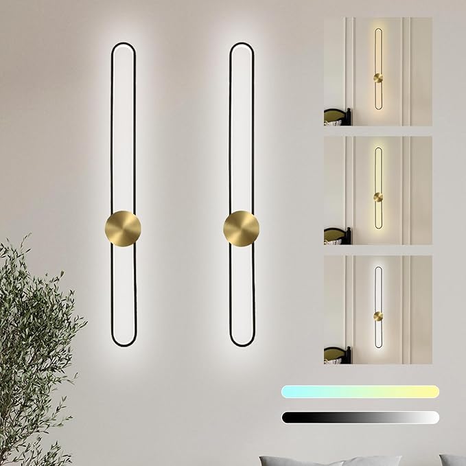 Modern Wall Sconce Dimmable 3000K/4000K/6000K LED Wall Light Fixture, Hardwired Wall Lamp for Living Room, Dining Room, Bedroom, Hallway, Lobby, Entryway (Brushed Black, 35.4inch/H90cm)