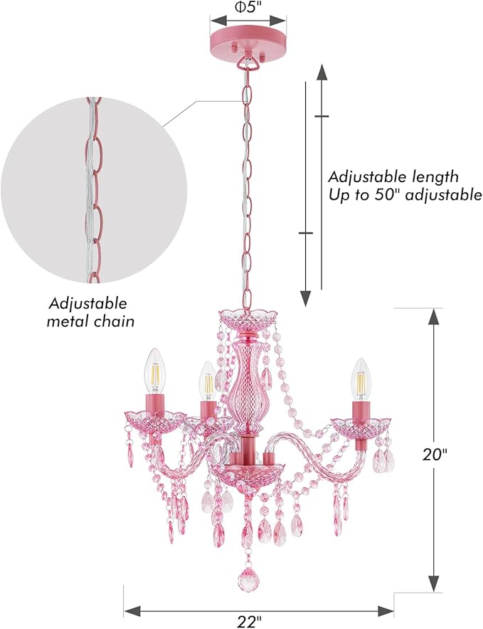 Luvkczc Crystal Chandelier, 3-Light Modern K9 Acrylic Crystal Chandelier for Dining Room, Pendant Ceiling Lighting Fixture for Bedroom, Living Room, Dining Room, Entryway Pink