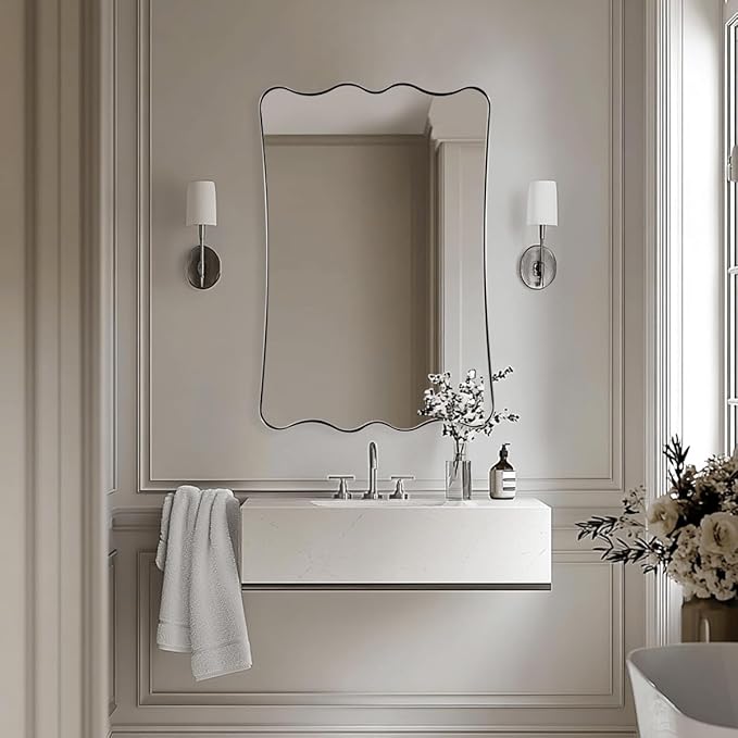 ANDY STAR Brushed Nickel Scalloped Rectangle Mirror, 24x36 Wavy Bathroom Mirror for Vanity, Asymmetrical Shaped for Entryway, Bedroom, Decor, Anti-Rust Stainless Steel Frame