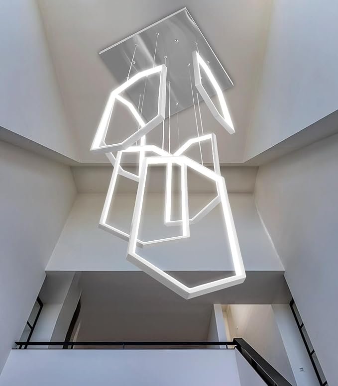 6 Rings Modern Chandelier LED Dimmable Pendant Lighting Adjust Flush Mount Ceiling Light for Foyer Lobby Living Room Staircaes Sliver 78.7''