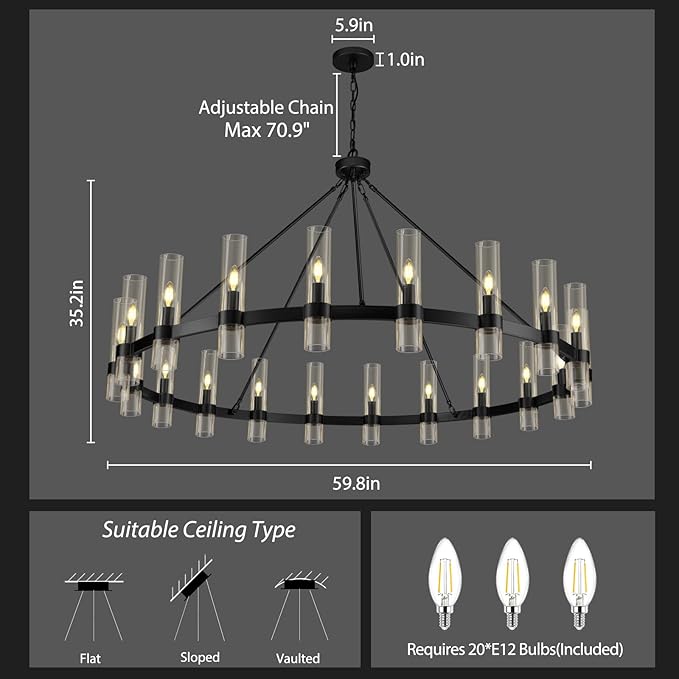Black Wagon Wheel Chandelier, 60 Inch Chandeliers with Glass Shade, 20-Light Large Chandelier for High Ceiling, Modern Farmhouse Chandeliers for Living Room, Dining Room, and Entryway(Bulbs Included)
