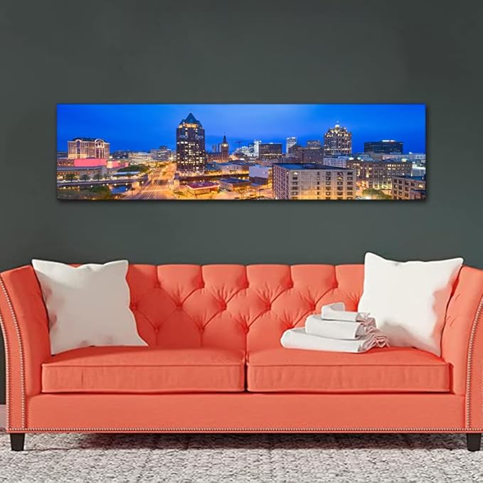 Native American Decor Skyline of Downtown Milwaukee Wall Art Cityscape Pictures Wisconsin, USA Panoramic Paintings Canvas City Skyline at Dusk Artwork Home Decor Framed Ready to Hang 12x46 Inch