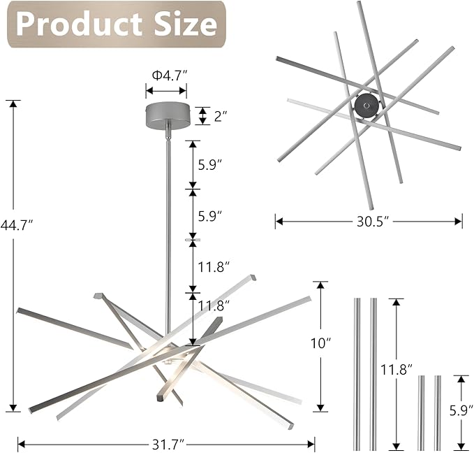 Modern Chandelier Light Fixtures - LED 6-Lights Silver Dining Room Linear Chandeliers Sputnik Pendant Lights Fixture Over Table 3000K 4500K 6000K Dimmable for Living Room Kitchen Island