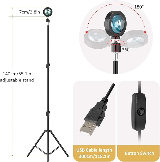 Balkwan Sunset Floor Lamp Projection 140cm Adjustable Stand Led Night Light 360 Degree Rotation Network Light with 3M USB Cable Floor Light for Living Room Bedroom