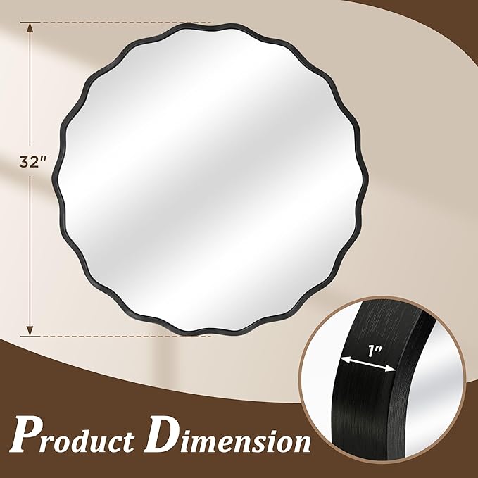 Black Round Mirror for Wall, 32"x32" Decorative Wavy Bathroom Mirror with Brushed Alloy Steel Frame & Shatter-Proof Glass, Hanging Circle Wall Mirrors for Bathroom, Entryway, Bedroom