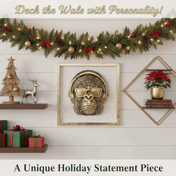 Newinhome Animal Heads Wall Decor (Includes Metal Frame) Resin Animals Sculptures Head Wall Hanging Decoration Gold vintage Wall Sculpture for Living Room Bedroom Office (Gorilla)