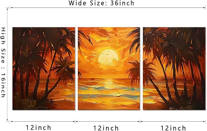 MAMAGO 3 Panels Coastal Sunset Canvas Wall Art Oil Painting Style Seascape Skyline Print Poster Beach Tropical Coconut Trees Modern Home Artwork Framed Easy to Hang-12”W x 16”Hx3pcs