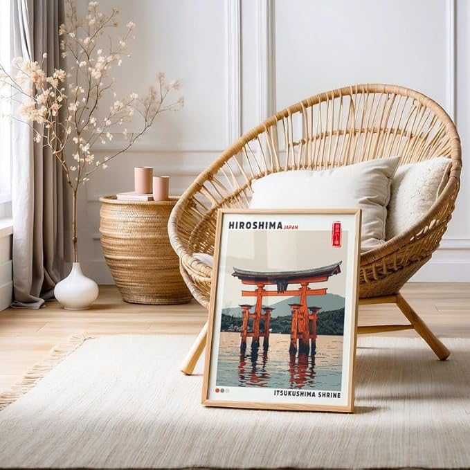Nationcog Itsukushima Shrine Poster, Vintage Hiroshima Japan Wall Art Print, Floating Torii Gate Landscape, Japandi Asian Temple Decor for Bedroom, Living Room or Office (Unframed) (11x14)