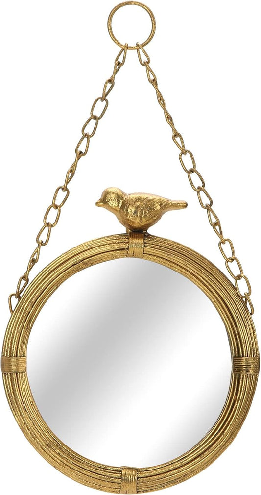 NIKKY HOME 6.7 Inch Decorative Small Hanging Mirrors Vintage Round Metal Framed Wall Mounted Mirror Decor with Bird for Bathroom Living Room Office, Rustic Gold