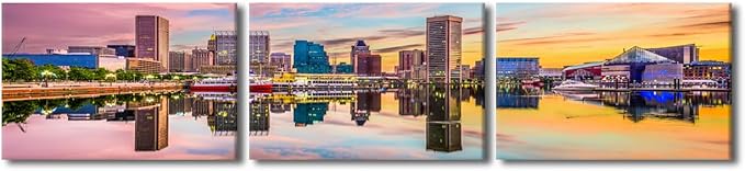 Canvas Wall Art for Living Room Baltimore Maryland Modern Home Decor USA Skyline on the Inner Harbor HD Printed Posters for Bedroom Office Wall Art Painting Bathroom Pictures Ready to Hang 16x72 Inch