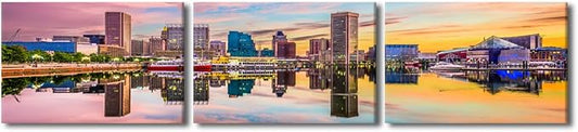 Canvas Wall Art for Living Room Baltimore Maryland Modern Home Decor USA Skyline on the Inner Harbor HD Printed Posters for Bedroom Office Wall Art Painting Bathroom Pictures Ready to Hang 14x60 Inch