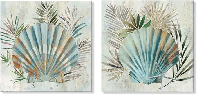JAPO ART Turquoise Shell by PI Creative Art Modern Canvas seashells Wall Pictures Vintage Giclee Print on Canvas Stretched Living Room Bedroom 20 x 20 inch x 2 pcs