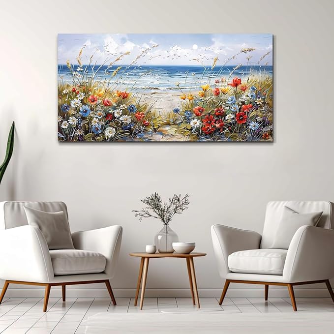 MHARTK66 Wall Decor For Living Room Large Canvas Wall Art Flowers Farmhouse Bedroom Wall Painting Office Blue Watercolor Print Nature Ocean Poster Modern Home Decorations Frames Artwork Easy Hanging