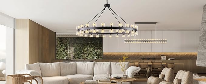 48 Inch Black Wagon Wheel Chandelier with Crystal Shade, Crystal Chandelier, Modern Farmhouse Style, Ideal for Dining Room, Kitchen, Entryways,48 Lights (Bulbs Included)