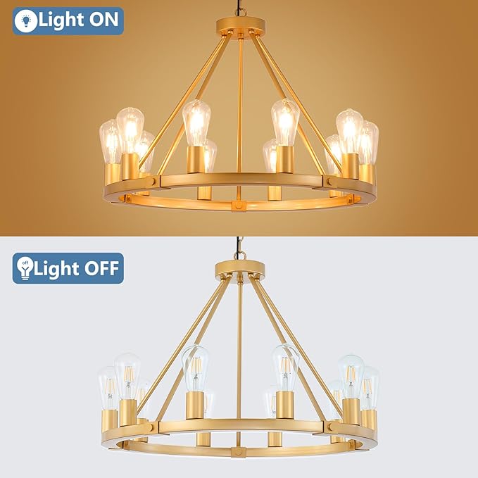 9MMML Gold Wagon Wheel Chandelier, 10-Light Industrial Pendant Light, 26.7'' Farmhouse Ceiling Hanging Chandelier Light Fixture for Living Room, Bedroom, Entryway, Foyer