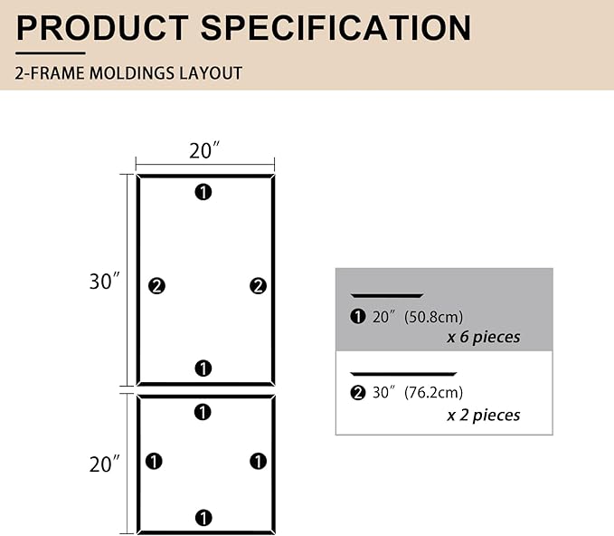 2 Set of 20" x 20" and 20" x 30" Pre-Cut Accent Wall Molding Trim Kit, Peel and Stick Premade Wainscoting Panels for Interior Decoration, Ready to Assemble Chair Rail Moulding