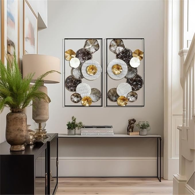 Luxenhome 2 Pieces Metal Wall Art, 35” Abstract Multi-Color Flowers Metal Art Wall Decor, Modern Artwork Accent Living Room, Large Wall Sculptures for Home Decor Living Room, Dining Room, Bedroom Wall Decor