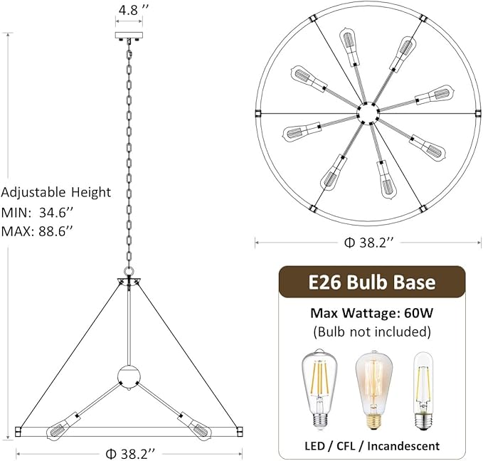 38.2'' Large Black Wagon Wheel Chandelier for Dining Room, 8-Light Country Round Metal Pendant Light Fixtures for Living Room Entryway Foyer Stairs Kitchen Island