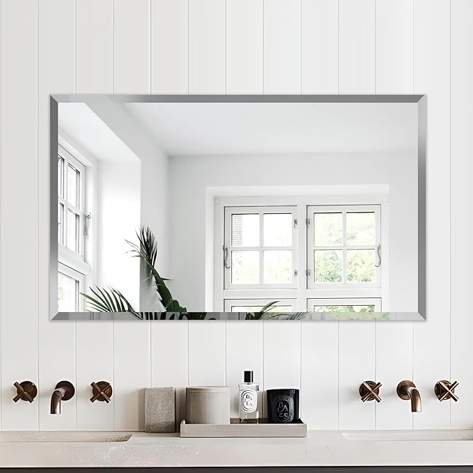 24x40 Inch Bathroom Mirror Frameless Beveled Edge Rectangle Wall Mirror Explosion Proof and Shatterproof Bathroom Vanity Mirror Wall Mounted Hang Firmly (Horizontal or Vertical)