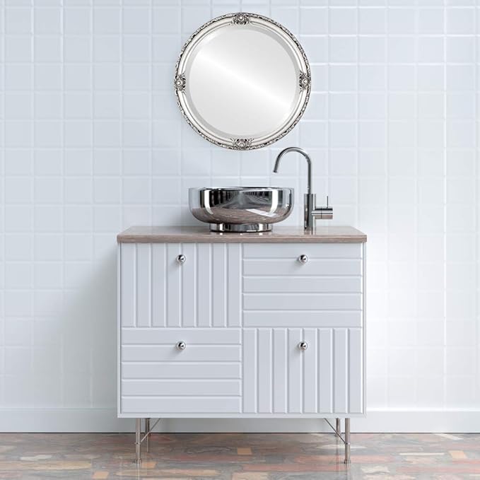 OVALCREST Round Beveled Wall Mirror for Home Decor - Jefferson Style - Silver Leaf with Black Antique - 16x16 Outside Dimensions