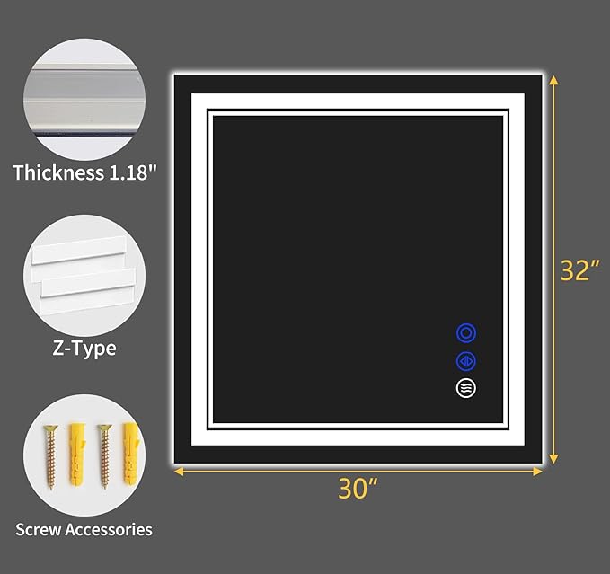 32"x30" LED Bathroom Mirror with Anti-Fog, Stepless Dimmable Lights, 3 Color Modes, Shatter-Proof Tempered Glass, Memory Function & Waterproof Design